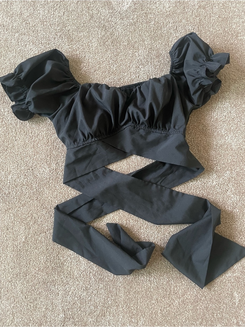 Black Puff Sleeve Wrap-Front Crop Top